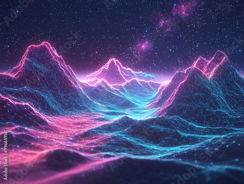 Futuristic 3D wireframe terrain with glowing neon colors creates mesmerizing landscape under starry sky. vibrant peaks and valleys evoke sense of wonder and exploration