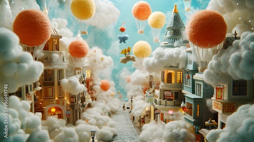 Sunwukong toy floating above a street filled with shops made of clouds and colorful wool felt balloons photo