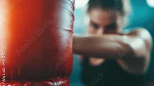 Boxer training with focus on red punching bag in a gym photo