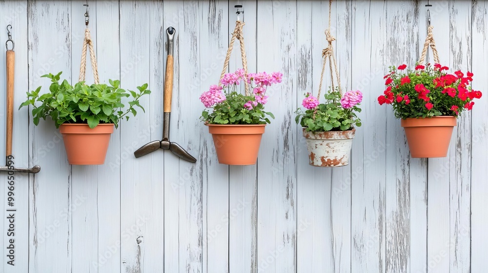 Rustic wooden fence with chipped paint, adorned with hanging flower pots and vintage garden tools Rustic wooden fence with chipped paint, adorned with hanging flower pots and vintage garden tools