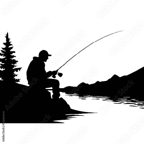 Fisherman Silhouette Vector Illustration – Black and White Logo on Transparent Background, Great for Tattoos