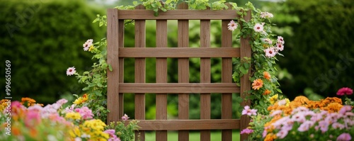 Rustic wooden garden trellis with climbing vines, surrounded by blooming flowers in a quaint countryside garden photo