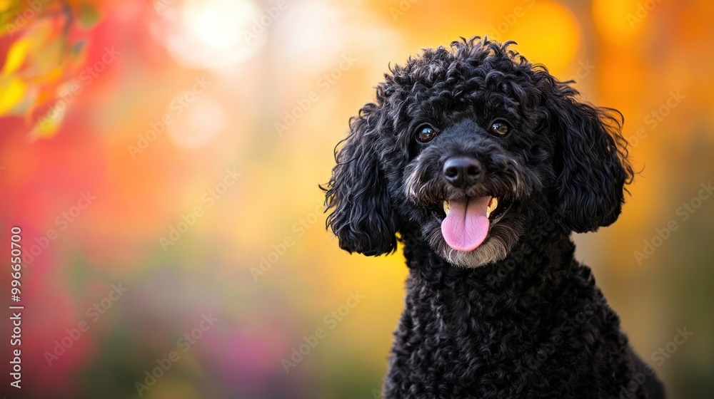A cheerful black dog with curly fur smiles against a colorful autumn background. A cheerful black dog with curly fur smiles against a colorful autumn background.