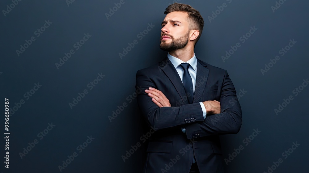 Confident businessman standing with arms crossed, dressed in a stylish suit against a dark background, exuding professionalism and poise. Confident businessman standing with arms crossed, dressed in a stylish suit against a dark background, exuding professionalism and poise.