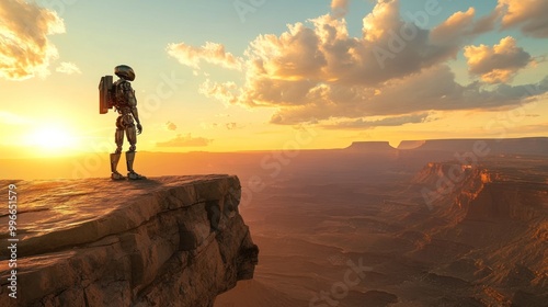 A futuristic figure stands on a cliff, gazing at a vast canyon during sunset.