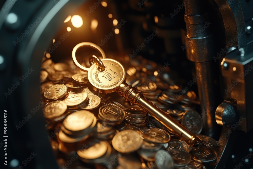 Golden Key Resting on a Pile of Coins in a Dark Vault Golden Key Resting on a Pile of Coins in a Dark Vault