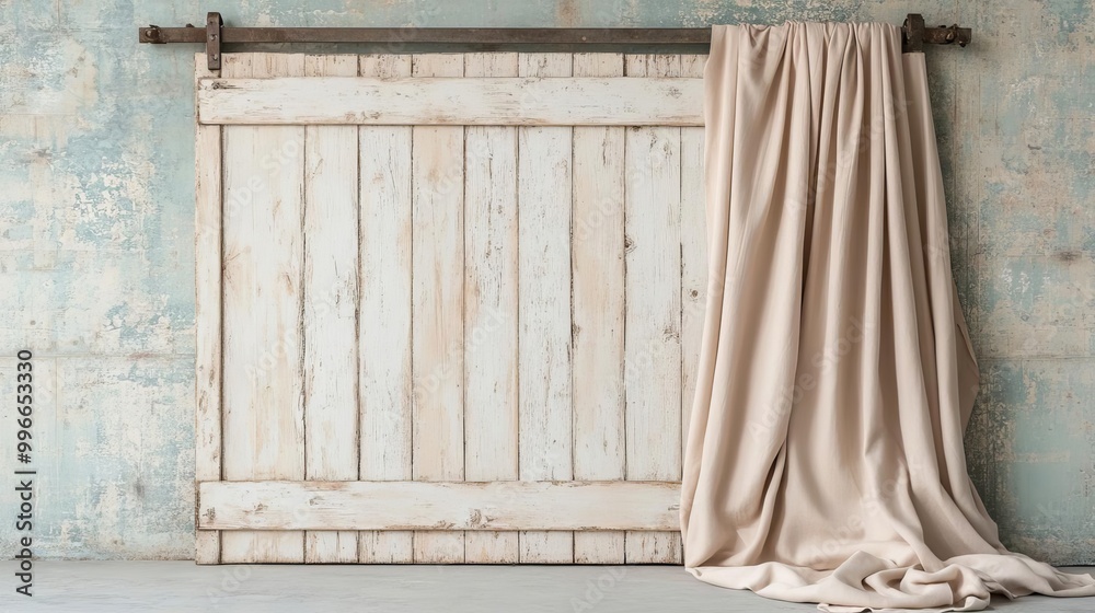 Weathered barn door with peeling paint, used as a headboard, draped with soft, flowing fabric Weathered barn door with peeling paint, used as a headboard, draped with soft, flowing fabric