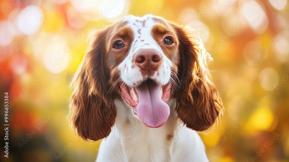 A cheerful dog with a playful expression against a warm, blurred autumn background. A cheerful dog with a playful expression against a warm, blurred autumn background.