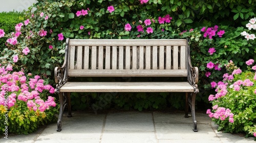 Weathered garden bench with iron details, surrounded by blooming flowers and climbing ivy photo