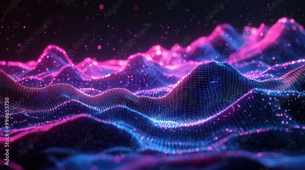 A vibrant 3D wireframe terrain with glowing neon lights creates mesmerizing visual effect, showcasing undulating waves in shades of pink and blue