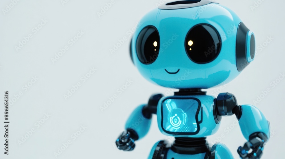 Friendly blue robot with glowing eyes standing on a white background. Friendly blue robot with glowing eyes standing on a white background.