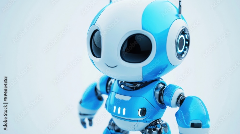 Blue and white robot with big eyes and a smile, isolated on a white background. Blue and white robot with big eyes and a smile, isolated on a white background.