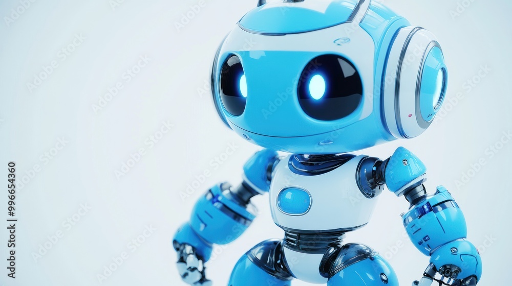 A blue and white robot with large eyes and shiny finish stands on a white background.