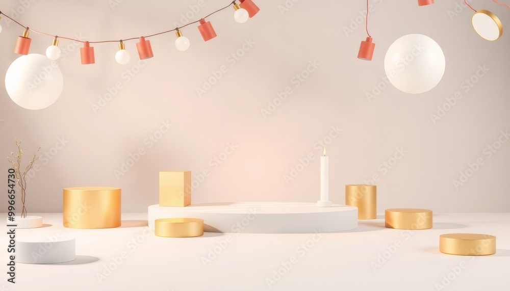 Minimalist product display with white and gold podiums. Minimalist product display with white and gold podiums.