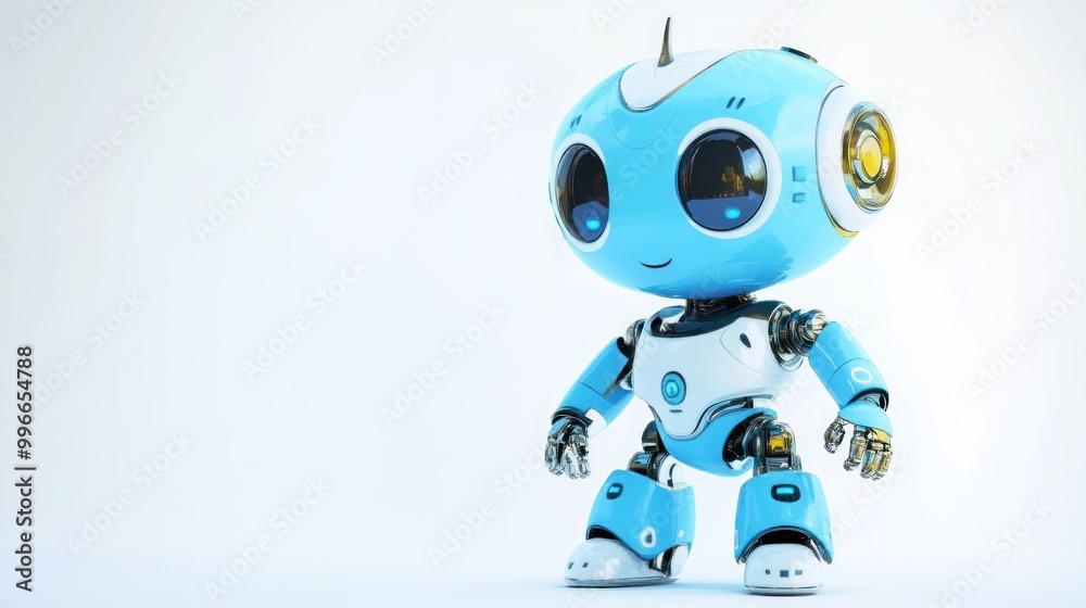 A cute, blue robot with big eyes and a friendly smile stands against a white background. A cute, blue robot with big eyes and a friendly smile stands against a white background.