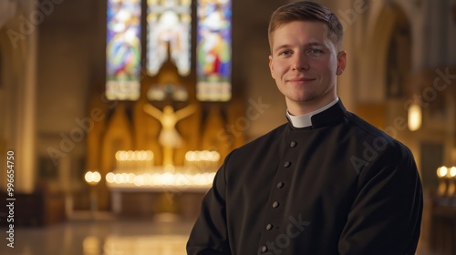 Young Catholic Priest in Traditional Black Cassock Standing in Beautiful Church Interior photo