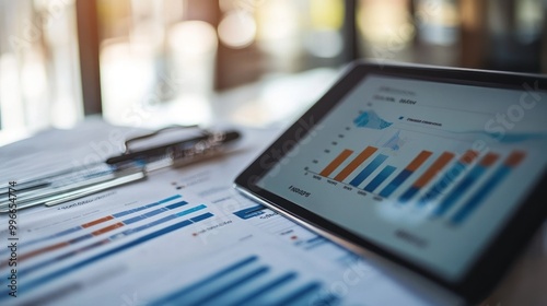 Digital analytics report with graphs and charts on a tablet and printed documents.