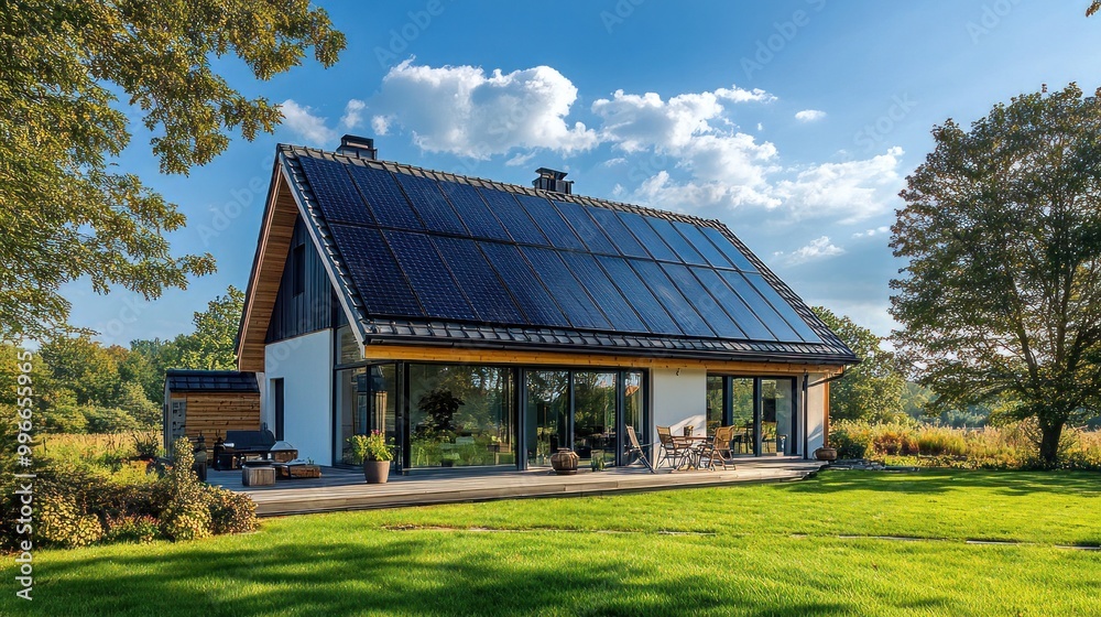 Solar panels installed on the roof of an eco-friendly home effectively capture sunlight to power the building. Solar panels installed on the roof of an eco-friendly home effectively capture sunlight to power the building.