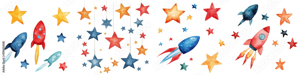 Colorful rockets and stars on a white isolate background. Colorful rockets and stars on a white isolate background.