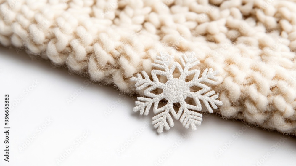 Cozy texture of a knitted fabric adorned with a delicate snowflake, evoking feelings of warmth in wintertime. Cozy texture of a knitted fabric adorned with a delicate snowflake, evoking feelings of warmth in wintertime.