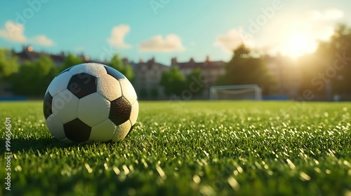 Soccer Ball on Sunlit Field in Dynamic Match Atmosphere, sport, athletic, intense, grass