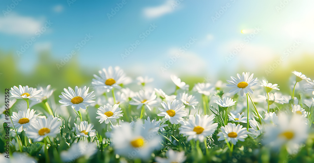 Fototapeta premium Fresh real daisy flowers, blossoms, growing in green meadow grass on a warm sunny spring summer day with a bright blue sunlit sky background