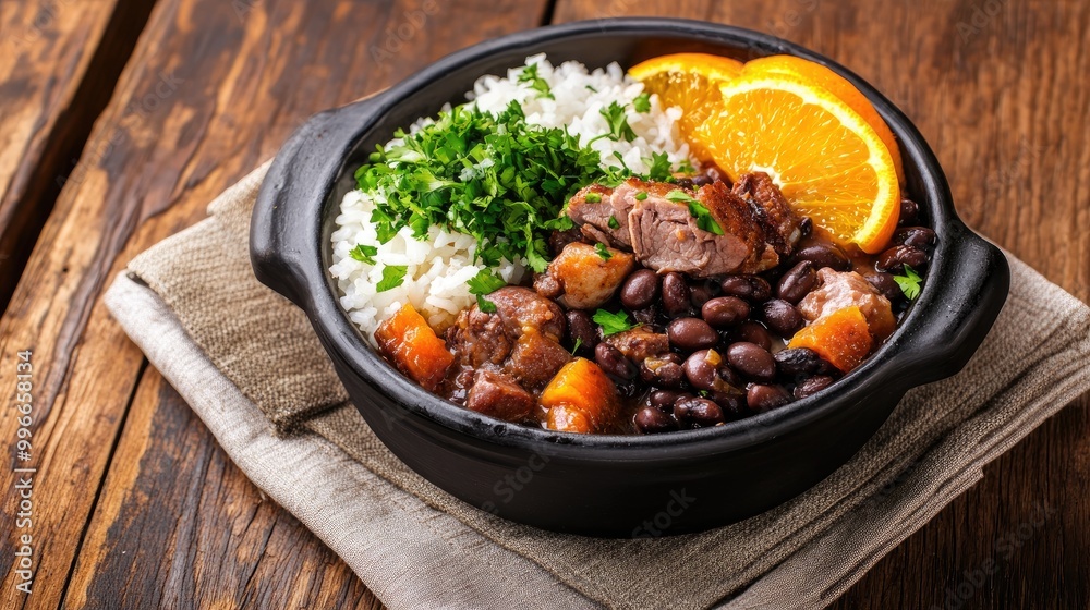 Delicious black bean stew served with rice and fresh herbs, garnished with orange slices on a rustic wooden table. Delicious black bean stew served with rice and fresh herbs, garnished with orange slices on a rustic wooden table.