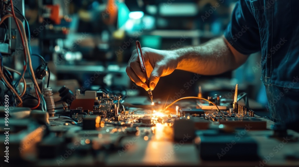 Close-up of a technician's hand soldering a circuit board with a glowing soldering iron. Close-up of a technician's hand soldering a circuit board with a glowing soldering iron.