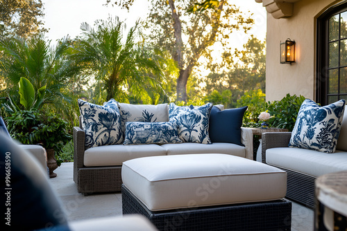 Elegant outdoor patio with comfortable seating, blue patterned pillows, and lush greenery photo