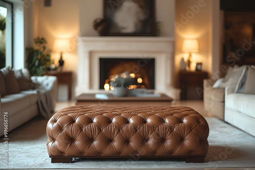 Elegant living room with a large leather ottoman and fireplace creating a warm atmosphere photo