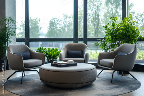 Modern lounge area with gray armchairs, round ottoman, and large windows with natural light photo