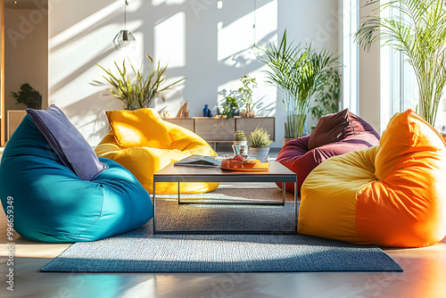 Bright room with colorful bean bags around a coffee table and natural light streaming in photo