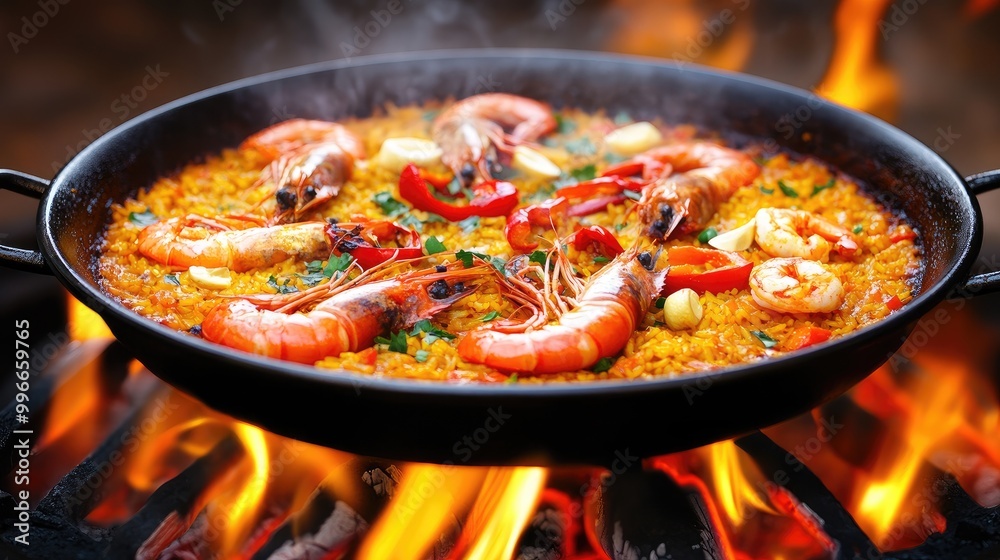 Delicious seafood paella with shrimp, vegetables, and spices cooked over open fire, capturing vibrant colors and textures. Delicious seafood paella with shrimp, vegetables, and spices cooked over open fire, capturing vibrant colors and textures.