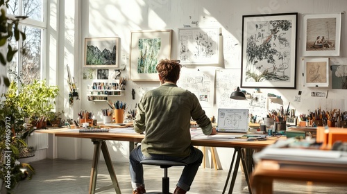 A creative artist working in a bright, airy studio filled with plants and artwork during the afternoon light