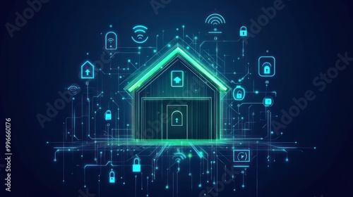 A digital house surrounded by technology icons representing smart home features.