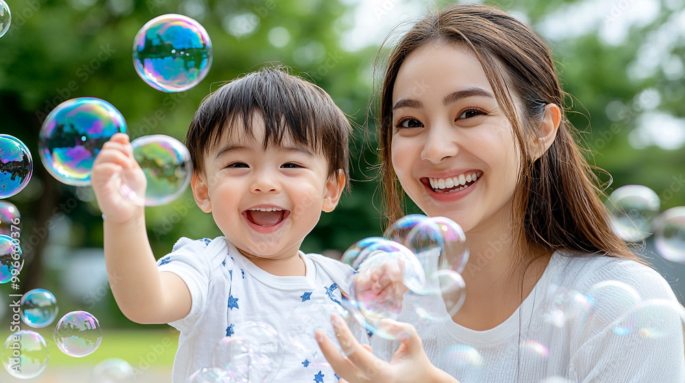 mother and child playing with bubbles in the garden mother and child playing with bubbles in the garden