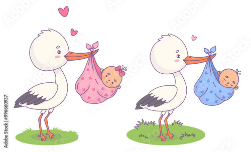 Cute stork with newborn baby girl and boy set. Isolated funny bird kawaii and infant. Vector illustration. Kids collection.