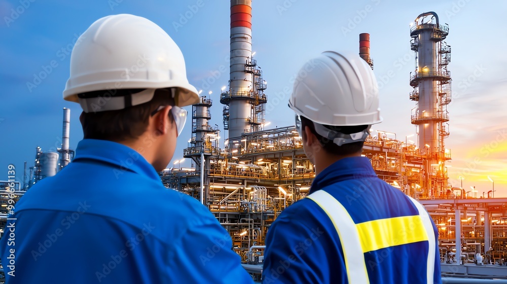 Two engineers in hard hats stand in front of a large industrial refinery, looking at the complex machinery. Two engineers in hard hats stand in front of a large industrial refinery, looking at the complex machinery.