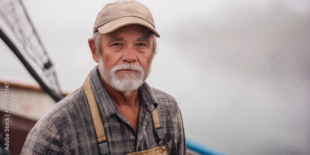 Stoic Fisherman on Deck in Morning Mist Stoic Fisherman on Deck in Morning Mist