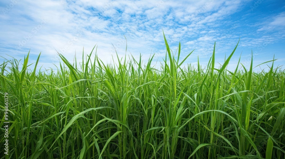 Lush green grass field with a blue sky and clouds in the background.