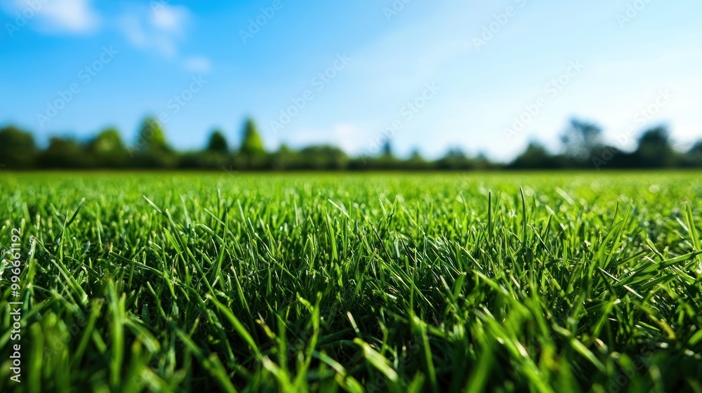 Close-up of green grass blades with a blurred background of a blue sky and trees. Close-up of green grass blades with a blurred background of a blue sky and trees.
