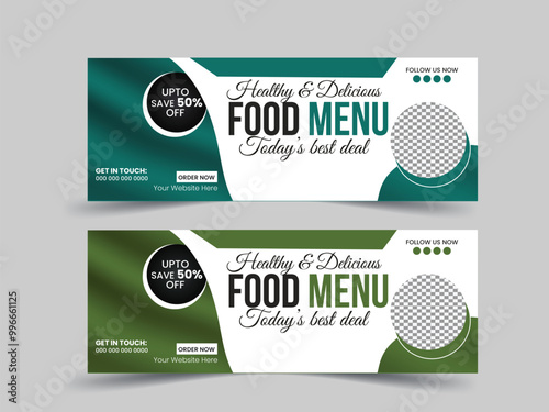 Fresh and healthy food menu fakebook cover photo template or web banner for restaurant business.
