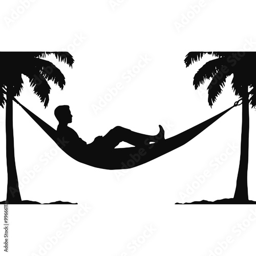 Silhouette of Man Unwinding in Hammock – Vector Illustration