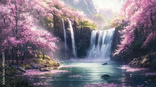 The waterfall s cascading water transforms into the gentle murmur of the river while cherry blossoms thrive along the banks creating a magical paradise landscape filled with vibrant flora