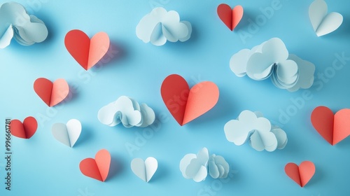 Wallpaper Mural Paper hearts and clouds on a blue background Flat lay perspective Symbolic representation of love and celebration Torontodigital.ca