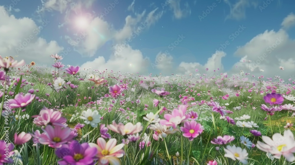 Field of pink and white flowers under a sunny blue sky. Springtime nature landscape. Field of pink and white flowers under a sunny blue sky. Springtime nature landscape.
