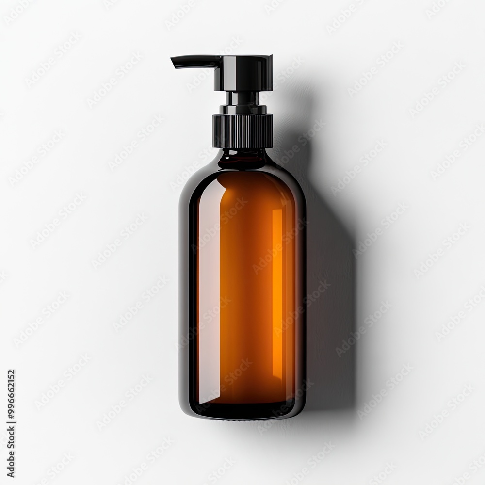 Elegant amber glass bottle with pump, ideal for liquid storage and cosmetic use, showcasing modern minimalism and functional design. Elegant amber glass bottle with pump, ideal for liquid storage and cosmetic use, showcasing modern minimalism and functional design.
