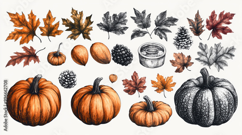 Autumn plants vector sketches. Hand drawn set of harvest, leaves and seasonal fall flowers , Hand-Drawn Set of Autumn Plants: Vector Sketches of Harvest Leaves and Seasonal Fall Flowers