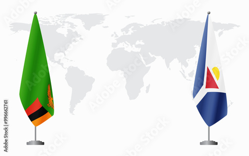 Zambia and Saint Martin flags for official meeting against background of world map.