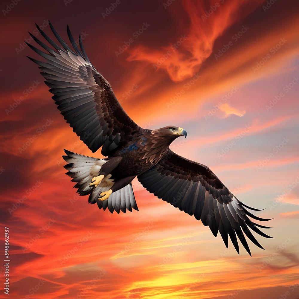 Fototapeta premium This breathtaking photograph captures the dramatic beauty of an eagle soaring against a stunning sunset sky.